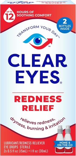 [BRSRMZQQBUCBMG33] Clear Eyes Redness Relief Eye Drops, Whiten Eyes and Relieve Dryness, Burning and Irritation, 2 x 0.5 Fl Oz, Twin Pack