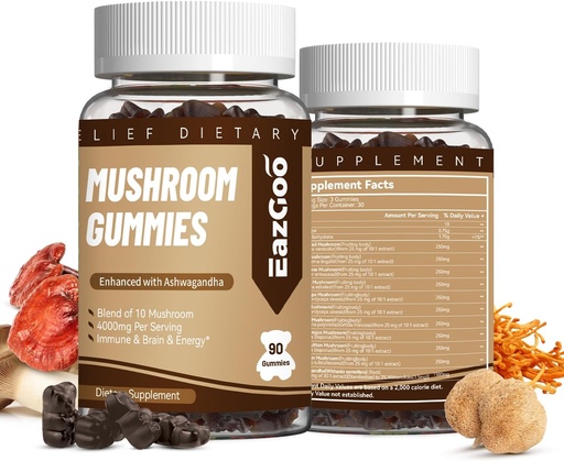 [BRSROZIOOADRA3LP] Mushroom Gummies Supplement - with Ashwagandha, Lions Mane, Shitake Mushrooms, Turkey Tail, Chaga, and Cordyceps Mushroom for Immune Health, Mood & Stress Support (180 Gummies)