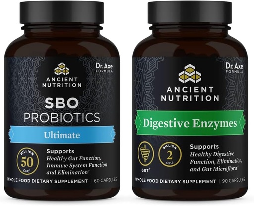 [BRSRMEA6BF6RUELG] Ancient Nutrition SBO Probiotics Capsules, Ultimate, 60 Count + Digestive Enzymes Capsules, 90 Count