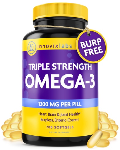 [BRSWIFAEPIBBUCTE] InnovixLabs Triple Strength Omega 3 Supplement, Burpless Fish Oil for Women and Men - 900 mg EPA & DHA, Brain & Joint Support, Award Winning & Third-Party Tested, 200 Softgels