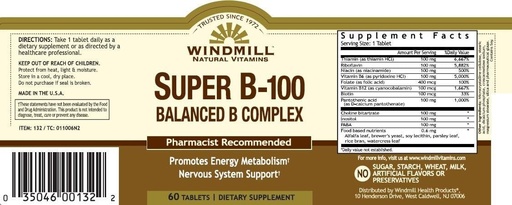 [BRSWIYYLBADGCYDM] Vitamine B-100 COMPLEX TAB WMILL Taille: 60