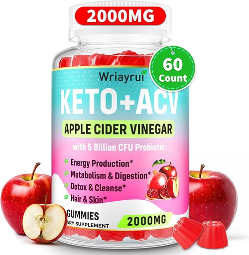 [BRSRAGL2ABYWAADO] Apple Cider Vinegar Gummies, Fast Ripped Keto ACV Gummies, Max Strength 2000mg, Formulated with Green Tea, B6 & B12, Probiotics, ACV for Metabolism, Digestion, Detox & Cleanse, 60 Counts