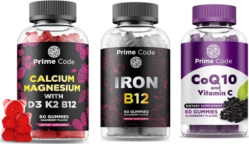 [BRSRAZALCEFBQHLU] Prime Code Calcium Gummies for Women and Men with Magnesium bitamina B12 bitamina K2 eta D3 bitamina, Iron Gummies for Women and Men, [2 in 1] CoQ10 200mg & bitamina C