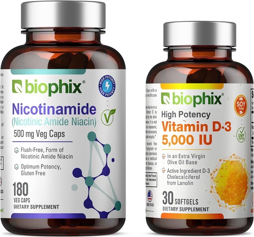 [BRSWGEI7BZ5GMYD7] Biophix B-3 Nikotinamidi 500 mg 180 Vcaps Plus vapaa D-3 5000 IU 30 Softgels - Nikotinic Amide Niacin luonnollinen flush-vapaa vitamiini Formula - tukee ihon solujen terveyttä