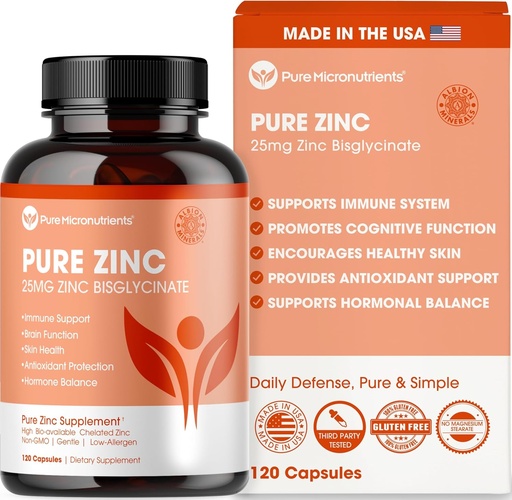 [BRSWKZIFOEAWAHDU] Pure Zinc Supplement 25mg - TRAACS Bisglycinate Chelate - 120 Capsules for Immune Support, Skin Health & Energy - for Men & Women