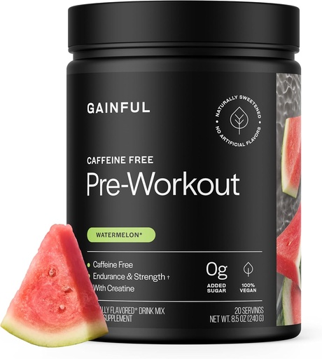 [BRSRACDQB4BQGGTU] Gainful Cafeline Free Pre Workout Powder with Creatine, Awatermelon Flavor, Wspomaga wytrzymałość, Endurance, & Recovery, BCAA, Beta Alaine, L- Citruline, Brak sztucznych składników, 20 Służenie