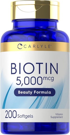 Carlyle Biotin 5000mcg Softgels , 200 Count , 200 Vitamines pour la peau des cheveux et les ongles , Supplément sans gluten