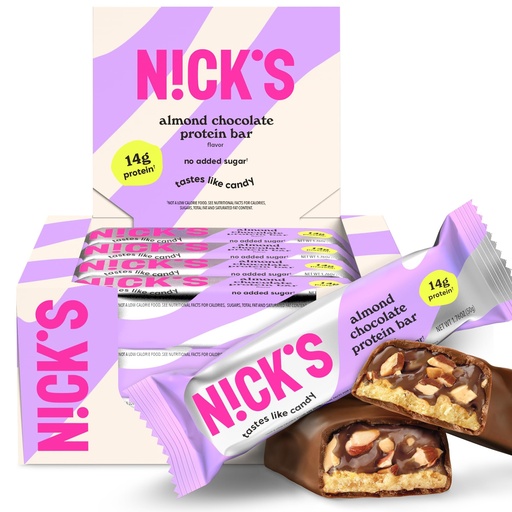 [BRSROEIPB4OQI3AU] N!CK'S Protein Bars Almond Chocolate – 12-Count Box | Protein-Packed Snack, Low Calories, Low Carbs, Keto Friendly, No Added Sugar (12 bars x 50g)