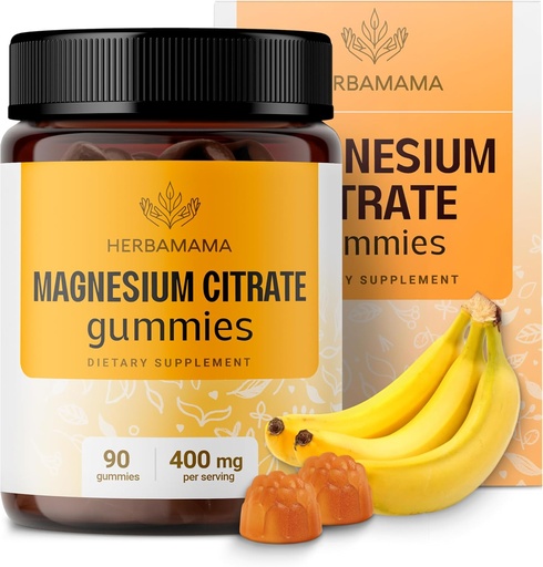 [BRSRMEIHAQNQAH3G] HerBAMAMA Calma Magnesium Gummies - 400mg Magnesium Citrate for Relaxation Support - Vegan, non-GMO Suplemento de calma para adultos - 90 Pectin-Based Banana-Flavored Chews
