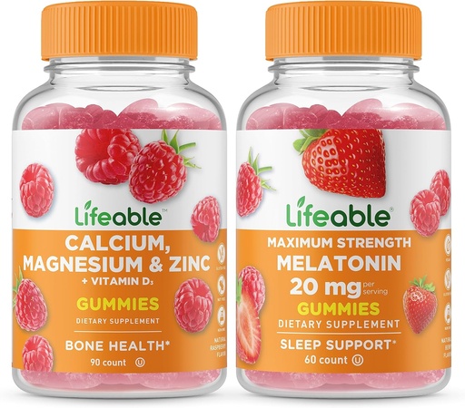 [BRSROZI6BANQYHQV] Lifeable Calcium, Magnesium, Zinc & Vitamin D + Melatonin 20mg, Gummies Bundle - Great Tasting, Vitamin Supplement, Gluten Free, GMO Free, Chewable Gummy