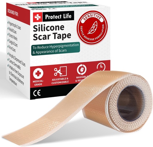 [BRSROYA7C4NBGDQU] Protect Life Silicone Scar Sheets 1.6" x 118" Roll-3M - Medical Grade Scar Tape for Keloid Bump Removal - Reusable Silicone Tape Scar Removal Strips, Patches for Surgical Scars, C Section