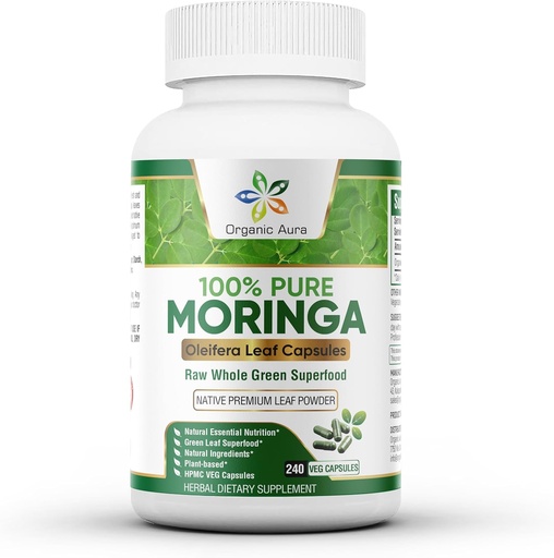 [BRSRAAQLDEAQYHI3] Organic Aura Moringa Capsules - 240 Ct Wholesale Pack. Authentic Raw Moringa Leaf Supplement for Energy, Metabolism, Lactation, Immunity & Joint Health. Whole Leaves Green Super Food Nutrition.