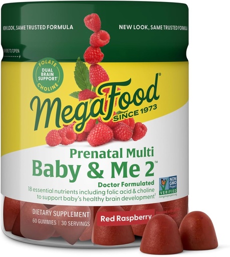[BRSW2YYBBF6BUAI3] MegaFood Baby & Me 2 Vitaminas pré-natais para mulheres Gummies com ácido fólico e cholina para o desenvolvimento do cérebro do bebê; Além de fruta real- sabor de framboesa vermelha - 60 Gummies (30 Servings)