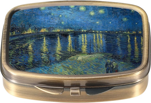 [BRSROYARBUMWOA3H] Dynippy Pill Case Box koos peegliga Retro Tasku 2 Kompartment Meditsiin Juhtum Vitamiin Pill Korraldaja Taskutäit ja Reisimine (A-Starry Night Over Rhone)