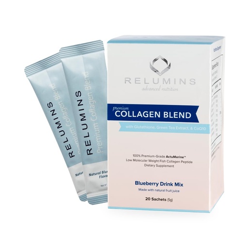 [BRSWGFIKOVYAOHQ6] Relumins Marine Collagen Drink Mix 5000mg Type I, II, III Peptides with Glutathione, Green Tea, CoQ10 & Hyaluronic Acid for Smooth Glowing Skin - Blueberry Flavor - 20 Sachets + 2 Free