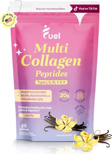 [BRSROBT4CICGEDIV] Fuel Multi Collagen Peptides Powder – 20g Hydrolyzed Collagen I, II, III, V & X for Hair, Skin, Nails & Joint Support – Better Absorption – Keto & Gluten Free, French Vanila 8.67oz