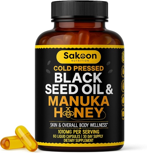 [BRSRAYADOYAQOYDU] Black Seed Oil Capsules - Yeni Zelanda Manuka Honey, Cold Pressed Turkish Nigella Sativa Oil,% 2 Senmoquinone, Immune & Digestive Support, ABD'de yapılan 60 Kont, 1010 mg