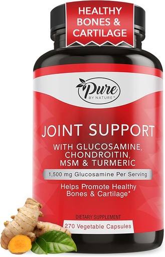 [BRSWG2Y3BEBRME36] Pure By Nature Joint Support, Glucosamine with Chondroitin Turmeric MSM Boswellia Supplement, 270 Capsules
