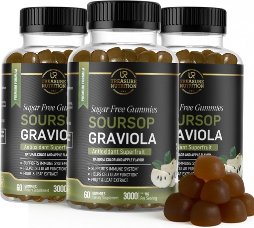[BRSROBT3BUFQG23L] Soursop Leaves & Soursop Fruit Gummies - 3000mg Soursop Extract - 3 Pack Graviola Addition - Soursop Fruit and Leaf - 60ct - Sugar-Free - Gluten Free