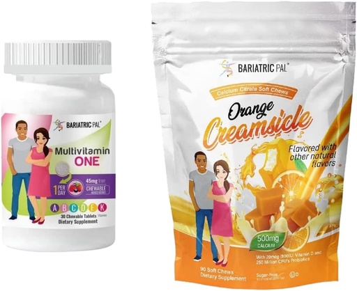[BRSW2HYTC4FRYYD3] BariatricPal 30-dagers Bariatric Vitamin Bundle (Multivitamin En 1 per dag! Chewable med 45mg jern - Blandet Berry og kalsium Citrat Mykt Chews 500mg med probiotika - Orange Cremesicle)