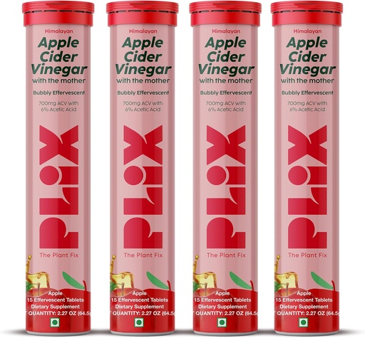 [BRSRMHQDOEPGEDLH] PLIX Apple Cider Vinegar Effervescent Tablets with The Mother, 700mg ACV with VIT B12, B6, Pack of 4 | Vegan, No Added Sugar, Non-GMO & Gluten-Free
