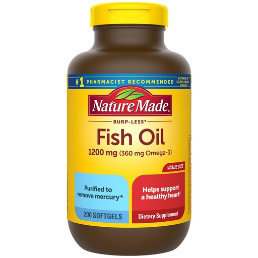[BRSWIZQOBEPRA23G] Nature Made Burp Less Fish Oil Omega 3 Supplements, 1200 mg Softgels, Omega 3 Fish Oil for Healthy Heart Support, 200 Softgels, 100 Day Supply