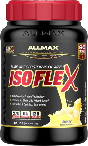 [BRSWGFT2BV5RMH3X] ALLMAX Nutrition ISOFLEX Whey Protein Isolate, banaani - 2 lb - 27 grammaa proteiinia per Scoop - nolla rasvaa ja sokeria - 99% Laktoositon - Gluteeniton & soijaton - Arvioitu 30 tarjoilu