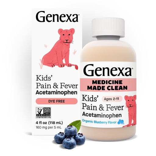 [BRSWYEAPBMIAKGQ2] Genexa Kids’ Pain and Fever Reducer | Childrens Acetaminophen, Dye Free, Liquid Oral Suspension Medicine | Delicious Organic Blueberry Flavor | 160 mg per 5mL | 4 Fluid Ounces