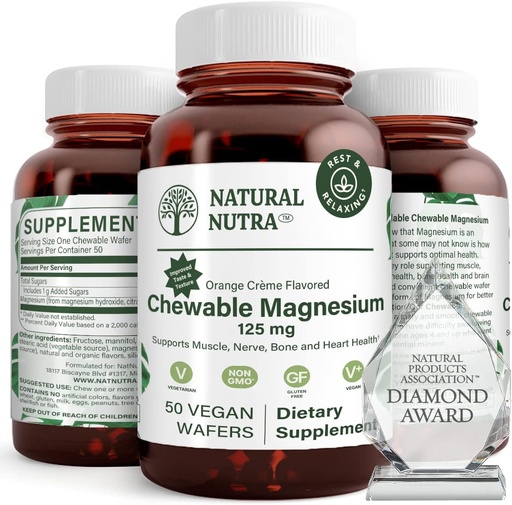 [BRSWKHD2DMORQ3LD] Natural Nutra Chewable Magnesium Supplement with Citrate and Chelate for Kids and Adults, Promotes Better Sleep, Best Pure Mag Chew for Muscle, Nerve, Bone, and Heart Health, 125mg, 50 Vegan Wafers
