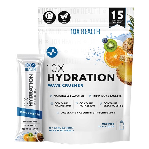 [BRSRAAT2BEJQKEL4] 10X Health Electrolyte Drink Mix - Hydration Packets - Sodium, Magnesium, Potassium Citrate & Electrolytes Packets - Naturally Flavored, Dye-Free & Sugar-Free Hydration Packs - 15 Sticks, Wave Crusher