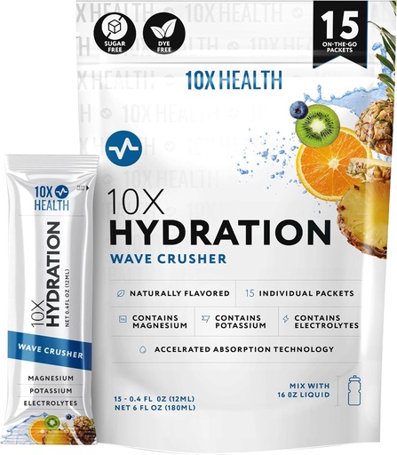 [BRSRAAT2BEJQKEL4] 10X Health Hydration Packets Wave Crusher Electrolyte Drink Mix Liquid 15 Stickpacks met Magnesium Citraat, Natrium & Kalium - Natural Flavored Electrolyt