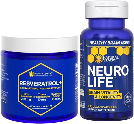 [BRSRAZIHCEPWC3Y7] NATURAL STACKS NeuroLife & Resveratrol Supplement Bundle - Supports Longevity & Brain Aging* - 120 Total Capsules