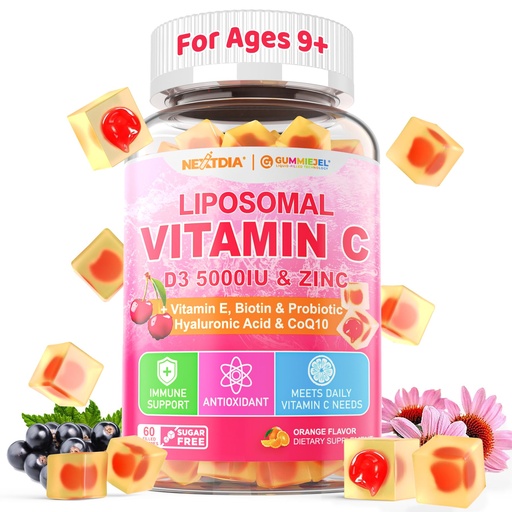 [BRSRAGDRCB6WKGYU] Liposomal Vitamin C 1000mg + D3 5000IU + Zinc Filled Gummies, Folate 800mcg Chewable Supplement, Elderberry for Immune, Hyaluronic Acid, VE, for Beauty, Energy & Overall Health, Sugar Free, Natural ﻿