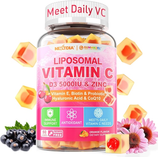 [BRSRAGDRCB6WKGYU] Witamina liposomalna C 1000mg + D3 5000IU + Zinc Napełnione Gumiaki, Folate 800mcg Suplement do żucia, Elderberry dla immunologicznego, Kwas hialuronowy, VE, dla urody, Energia i ogólne zdrowie, Cukier wolny, Naturalne