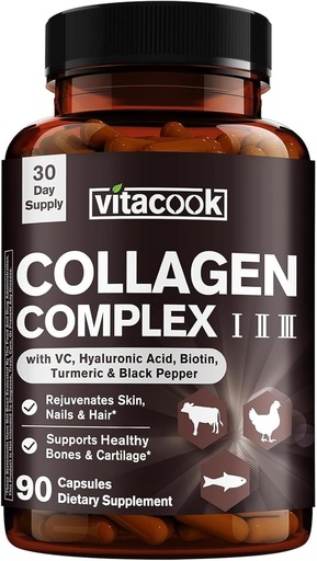 [BRSRMGAZCEJR6CLF] Collagen Peptides Complex, Tipo I, II, III, 2025 MG, Hydrolyzed Multi Collagen, VC, Biotin, HA, Turmeric " Black Pepper, for Skin, Hair, Nails, 90 Caps