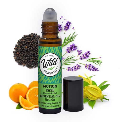 [BRSW2AAOC4IQKYLU] Wild Essentials Motion Ease Essential Oil Roll On, 10ml Motion Sickness, Nausea, Upset Stomach, Vertigo, Dizzy, Seasick, Carsick, Made with Organic Jojoba Oil, Ready to Use, Moisturizer, All Natural