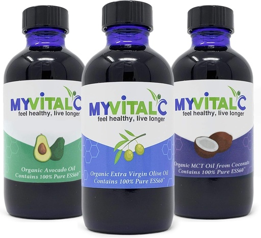 [BRSWY23QBMOQG2D4] MyVitalC Combo of Organic Extra Virgin Olive Oil, MCT & Avocado Oil - ESS60 Antioxidant Supplement - for Anti-Aging, Longevity, Sleep, Energy - Pack of 3