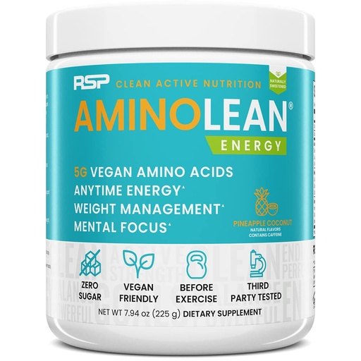 [BRSWGCQFBUBAGCDD] RSP Vegan AminoLean – All-in-One Natural Pre Workout, Amino Energy, Weight Management with BCAAs, Complete Vegan Preworkout Powder, Pineapple Coconut
