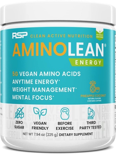 [BRSWGCQFBUBAGCDD] RSP Vegan AminoLean – All-in-One Natural Pre Workout, Amino Energy, Weight Management with BCAAs, Complete Vegan Preworkout Powder, Pineapple Coconut