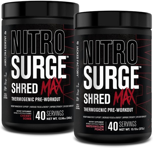 [BRSRAFT4BN6BQF3U] Jacked Factory Nitrosurge Shred Max Preworkout - High-Performance Thermogenic Pre Workout Powder con L Citrulline, Acetyl L Carnitine, cafeína orgánica - 80 Servidos, Bomb Cherry & Watermelon Peach