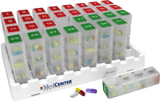 [BRSWIEL2OZ4QGYDI] MedCenter Monthly Pill Organizer 4 Times a Day, 31-Day Medication Organizer for Drawer or Lock Box with 31 Pill Boxes and 4 Daily Compartments Gift for Mom, Dad, Elderly, and Seniors