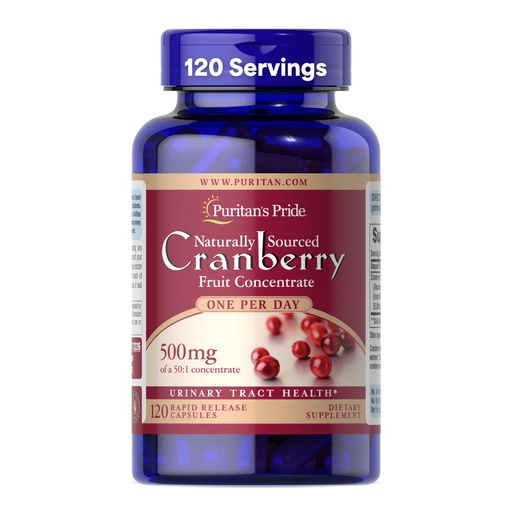[BRSWIGY3PN5RGCT4] Puritan's Pride Naturally Sourced Cranberry One Per Day Fruit Concentrate 500mg, 50:1 Dietary Supplement for Urinary Tract Support, 4 Month Supply, 120 Rapid Release Capsules