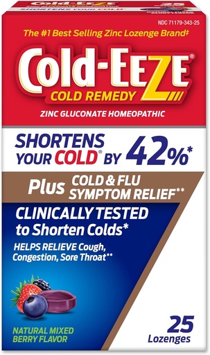 [BRSWYHT7BYBG223P] Cold- Eeze Plus Natural Mixed Berry Cold & Flu Cink Lozenges, Multi- Syndicatic Relief, Homeopátiás hideg remedy, Csökkenti az időtartama a közös hideg, Sambucus Negra, hogy enyhíti hideg és influenzás tünetek, 25 Ct