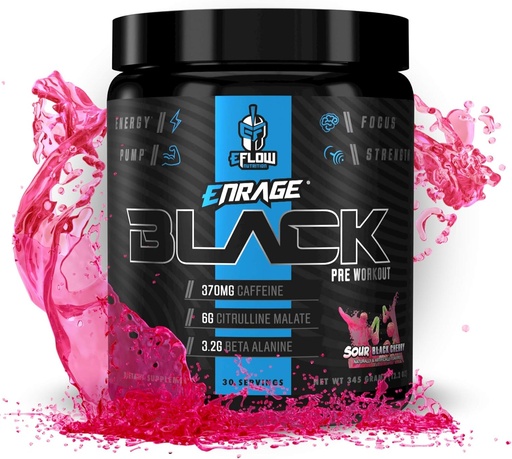 [BRSWYZI6AQGQEAIZ] eFlow Nutrition Enrage Black High Stimulant Pre Workout Supplément - Poudre pour stimuler l'énergie, les pompes et la force - 4 saveurs (30 portions) (Sour cerise noire)