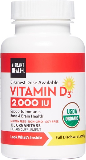 [BRSWIYAFO4DQKALK] Vibrant Health, Vitamin D3 2000 IU, Supports Immune, Bone and Brain Health, 100 Capsules