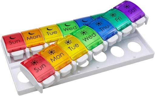 [BRSWYZQOAB5AO2TA] EZY DOSE Weekly (7-Day) Pill Case, Medicine Planner, Vitamin Organizer, 2 Times a Day AM/PM, Removeabale Trays, Large Push Button Compartments, Easy to Use, Arthritis Friendly, Rainbow Lids, BPA Free