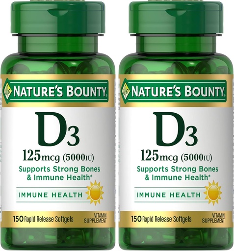 [BRSRAY35DJ6RGCTK] Nature's Bounty Vitamine D3, Immune and Bone Support, 5000IE, Rapid Release Softgels, 150 Ct (Pack of 2)