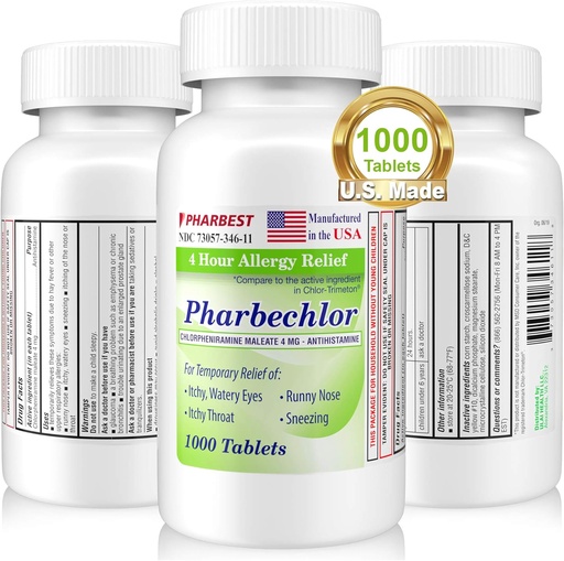 [BRSWYZLQAAPB6CQ7] Ulai 4 Hour Allergy Relief 1000 Ct [Made in USA] | Itchy, Watery Eyes, Runny Nose, Sneezing, Sinus Relief | Chlorpheniramine Maleate 4 mg | Antihistamine Allergy Medicine Pharbechlor (1 Bottle)