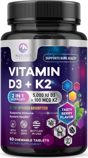 [BRSROALYBMBREYDK] Vitamin D3 K2 - 5000 iu Vitamin D3 & 100 mcg Vitamin K2 (MK-7) per Serving - Calcium Absorption, Bone & Heart Health Support - Berry Chewable, Gluten Free, Non-GMO, Bottled in USA - 60 Tablets