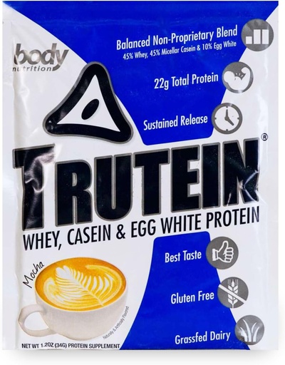 [BRSWKZT7CIIAMHLI] Body Nutrition Trutein High Protein Powder: 45% Whey, 45% Casein, 10% Egg White, Gluten-Free, Low Sodium, Grass Fed Whey Protein Powder, Gym Supplement & Breakfast Shake, Mocha, 34g Sample